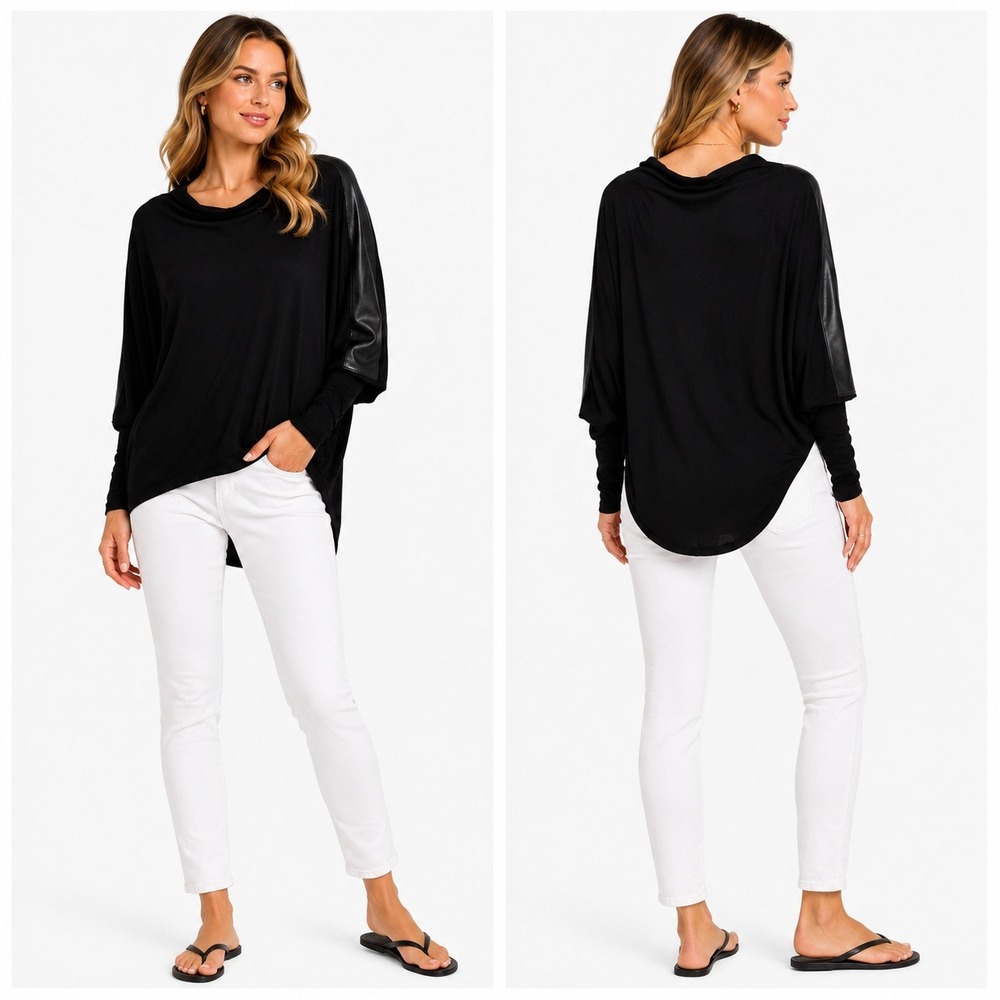 Red 23 Womens XS Black Mixed Media Top‎ Faux Leather Dolman Sleeve Hi Low Hem